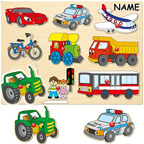 alles-meine.de GmbH Holz - Steckpuzzle mit Griffen - Auto & Fahrzeuge - inkl. Name - 9 Teile - großes Holzpuzzle/Einlegepuzzle - Griff Legespiel - Rahmenpuzzle/Kinderpuzzle -.. von alles-meine.de GmbH