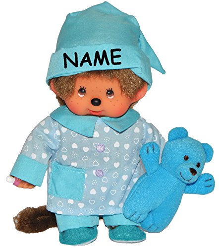 alles-meine.de GmbH Junge - Monchhichi - Pyjama/Schlafanzug mit Kuscheltier, Pantoffeln & Schlafmütze - incl. Name - 20 cm - Bekleidung ausziehbar - Plüschtier/Kuscheltie.. von alles-meine.de GmbH