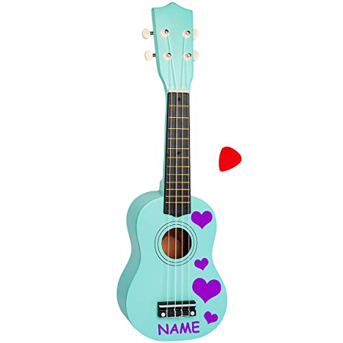 alles-meine.de GmbH Kinder - Gitarre/Ukulele - aus Holz - Motiv & Farbwahl - türkis blau & Herzen lila - violett - inkl. Name - hochwertige Konzertgitarre - 55 cm - Klassik - a.. von alles-meine.de GmbH