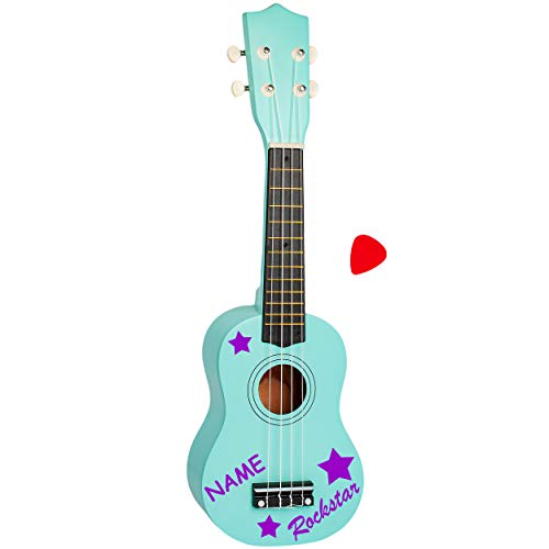 alles-meine.de GmbH Kinder - Gitarre/Ukulele - aus Holz - Motiv & Farbwahl - türkis blau & Rockstar Sterne lila - violett - inkl. Name - hochwertige Konzertgitarre - 55 cm - Kl.. von alles-meine.de GmbH