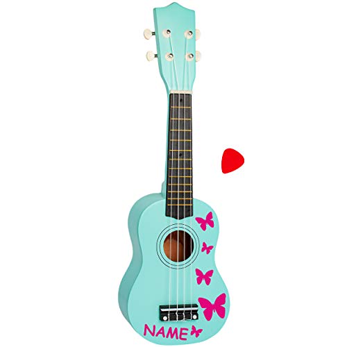 alles-meine.de GmbH Kinder - Gitarre/Ukulele - aus Holz - Motiv & Farbwahl - türkis blau & Schmetterlinge pink - inkl. Name - hochwertige Konzertgitarre - 55 cm - Klassik - aku.. von alles-meine.de GmbH