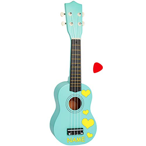 alles-meine.de GmbH Kinder - Gitarre/Ukulele - aus Holz - Motiv & Farbwahl - türkis blau & gelbe Herzen - inkl. Name - hochwertige Konzertgitarre - 55 cm - Klassik - akustische.. von alles-meine.de GmbH