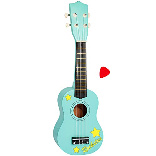 alles-meine.de GmbH Kinder - Gitarre/Ukulele - aus Holz - Motiv & Farbwahl - türkis blau & gelbe Rockstar Sterne - hochwertige Konzertgitarre - 55 cm - Klassik - akustische - K.. von alles-meine.de GmbH