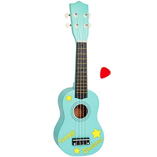 alles-meine.de GmbH Kinder - Gitarre/Ukulele - aus Holz - Motiv & Farbwahl - türkis blau & gelbe Rockstar Sterne - inkl. Name - hochwertige Konzertgitarre - 55 cm - Klassik - a.. von alles-meine.de GmbH