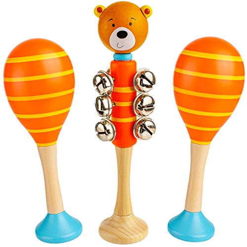 alles-meine.de GmbH Kinder Rasseln/Musikinstrumente Modell & Farbwahl Schellenstab & 2 Maracas Rasseln/Schellenrassel - Holz - lustige Tiere - Musikintrument/Musik für .. von alles-meine.de GmbH