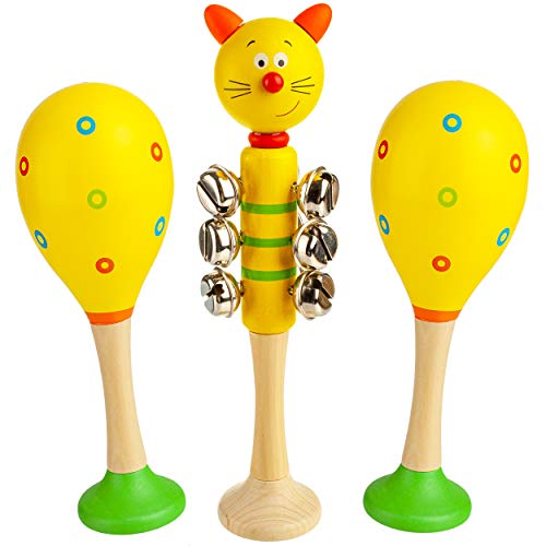 alles-meine.de GmbH Kinder Rasseln/Musikinstrumente Modell & Farbwahl Schellenstab & 2 Maracas Rasseln/Schellenrassel - Holz - lustige Tiere - Musikintrument/Musik für .. von alles-meine.de GmbH