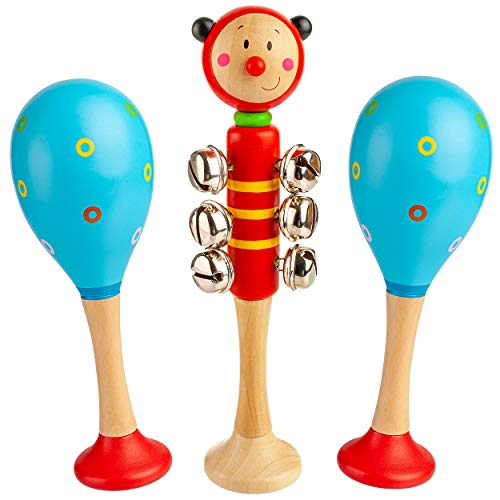 alles-meine.de GmbH Kinder Rasseln/Musikinstrumente Modell & Farbwahl Schellenstab & 2 Maracas Rasseln/Schellenrassel - Holz - lustige Tiere - Musikintrument/Musik für .. von alles-meine.de GmbH