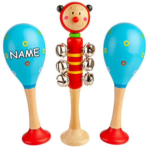 alles-meine.de GmbH Kinder Rasseln/Musikinstrumente Modell & Farbwahl Schellenstab & 2 Maracas Rasseln - inkl. Name/Schellenrassel - Holz - lustige Tiere - Musikintrument.. von alles-meine.de GmbH