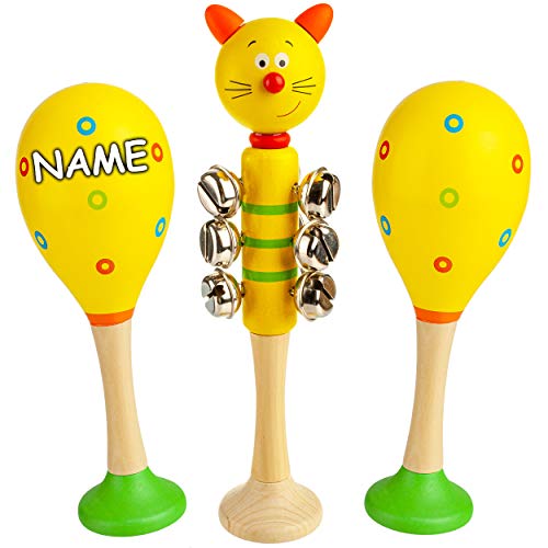 alles-meine.de GmbH Kinder Rasseln/Musikinstrumente Modell & Farbwahl Schellenstab & 2 Maracas Rasseln - inkl. Name/Schellenrassel - Holz - lustige Tiere - Musikintrument.. von alles-meine.de GmbH