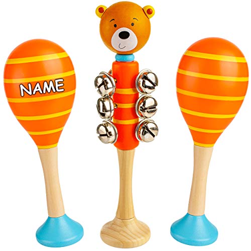 alles-meine.de GmbH Kinder Rasseln/Musikinstrumente Modell & Farbwahl Schellenstab & 2 Maracas Rasseln - inkl. Name/Schellenrassel - Holz - lustige Tiere - Musikintrument.. von alles-meine.de GmbH