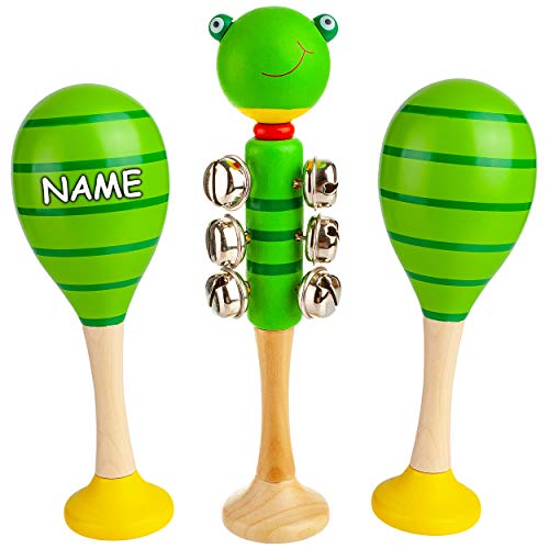 alles-meine.de GmbH Kinder Rasseln/Musikinstrumente Modell & Farbwahl Schellenstab & 2 Maracas Rasseln - inkl. Name/Schellenrassel - Holz - lustige Tiere - Musikintrument.. von alles-meine.de GmbH