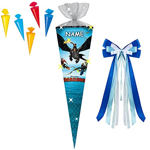 alles-meine.de GmbH Leucht - LED Effekt ! Set Schultüte + 5 kleine Zuckertüten - Dragons - Drachenzähmen leicht gemacht - 70 cm - rund - incl. Name und große Schleife - T.. von alles-meine.de GmbH