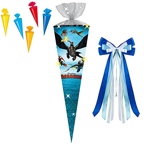 alles-meine.de GmbH Leucht - LED Effekt ! Set Schultüte + 5 kleine Zuckertüten - Dragons - Drachenzähmen leicht gemacht - 70 cm - rund - incl. große Schleife - Tüllabschl.. von alles-meine.de GmbH