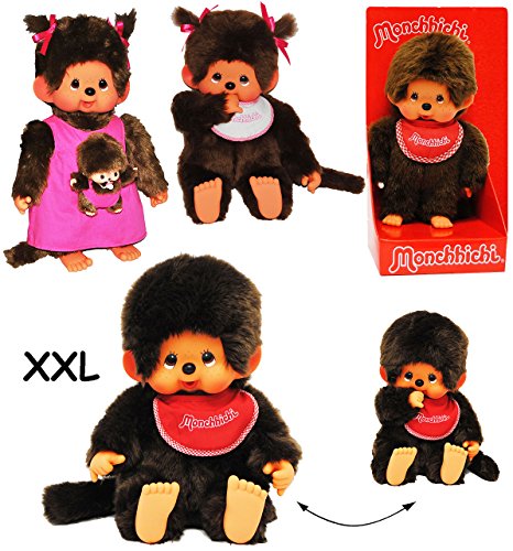 alles-meine.de GmbH Mädchen XXL - Monchhichi - mit 2 Zöpfe - 45 cm - Kuscheltier/Plüschtier - mit rotem Lätzchen - Monchichi - rosa Pinker Latz - groß - AFFE - Schmusepuppe.. von alles-meine.de GmbH