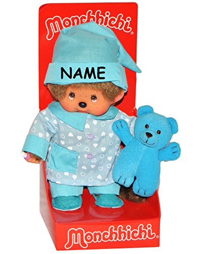 alles-meine.de GmbH Monchhichi - Junge - Pyjama/Schlafanzug mit Kuscheltier, Pantoffeln & Schlafmütze - incl. Name - 20 cm - Bekleidung ausziehbar - Plüschtier/Kuscheltie.. von alles-meine.de GmbH