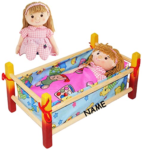 alles-meine.de GmbH Puppenbett aus Holz & Schmusepuppe - Mädchen mit rosa Kleid - incl. Name - Bett - 40 cm lang - aus Naturholz - für Puppen - incl. Bettzeug - Decke & Kopfk.. von alles-meine.de GmbH