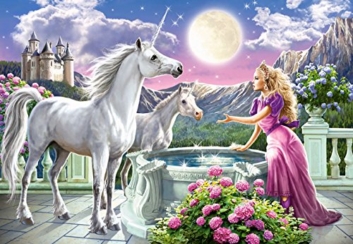 alles-meine.de GmbH Puzzle 120 Teile - Prinzessin mit Einhorn - Zeichnung - Gemälde - Landschaft Romantisches Motiv - Mädchen Märchenschloß - Einhörner - Märchen Pferd - Berge - .. von alles-meine.de GmbH