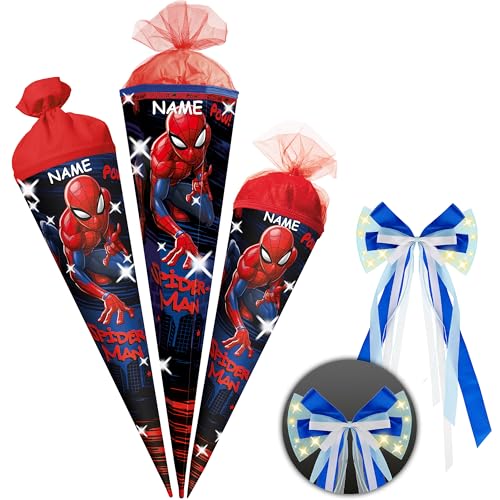 alles-meine.de GmbH Schultüte - Spiderman - 35-100 cm - Größe wählbar - Holzspitze wählbar - inkl. Name + LED LICHT - Schleife - Zuckertüte - Tüll - oder Filzabschluß - eckig /.. von alles-meine.de GmbH