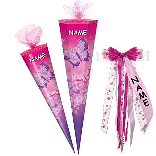 alles-meine.de GmbH Schultüte - mit 3D Glitzer - Effekt ! - Schmetterlinge & Blumen - rosa - pink - 50-85 cm - Größe wählbar - rund - incl. Name und individueller großer SC.. von alles-meine.de GmbH