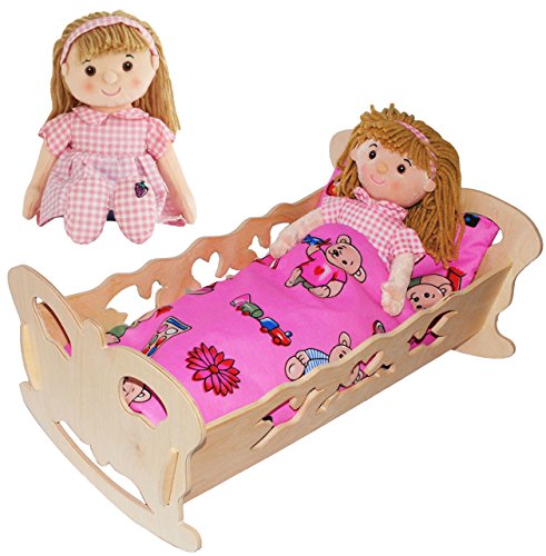 alles-meine.de GmbH Set Holz Puppenwiege/Puppenbett & Schmusepuppe - Mädchen mit rosa Kleid - Wiege aus Naturholz - 50 cm - für Puppen - incl. Bettzeug - Decke & Kopfkiss.. von alles-meine.de GmbH