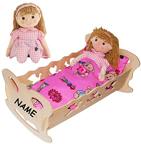 alles-meine.de GmbH Set Holz Puppenwiege/Puppenbett & Schmusepuppe - Mädchen mit rosa Kleid - incl. Name - Wiege aus Naturholz - 50 cm - für Puppen - incl. Bettzeug - Dec.. von alles-meine.de GmbH