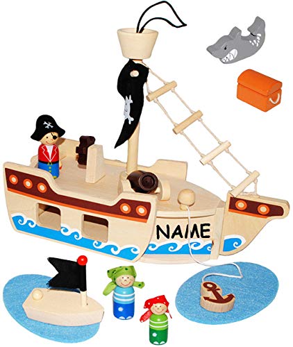 alles-meine.de GmbH Set - Piratenschiff aus Holz - incl. Name - mit 10 Spiel Figuren - Holzschiff mit Geheim Versteck & aufklappbare Ladeluke/Piraten - Kapitän - Holzfigure.. von alles-meine.de GmbH