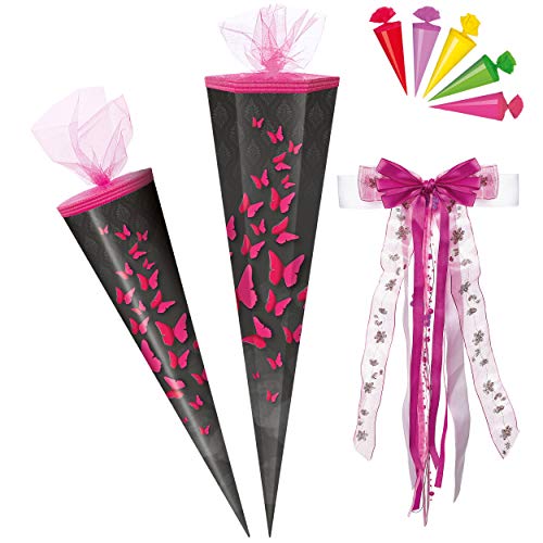 alles-meine.de GmbH Set - Schultüte - mit 3D Glitzer - Effekt ! + 5 kleine Zuckertüten - Schmetterlinge - rosa & pink - 50-85 cm - Größe wählbar - rund - incl. große Schleife -.. von alles-meine.de GmbH