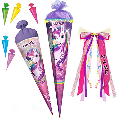 alles-meine.de GmbH Set XXL Schultüte + 5 kleine Zuckertüten - Einhorn - Regenbogen Unicorn - 35-100 cm - Größe wählbar - mit Holzspitze - 6 eckig - incl. Name und individuel.. von alles-meine.de GmbH