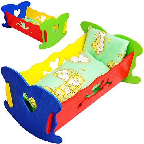 alles-meine.de GmbH Set: Puppenwiege/Puppenbett - mit Bettzeug - Herzen - Jungen Farben - buntes Naturholz - für Puppen - Decke & Kopfkissen - Holz Wiege Kinderbett Bett Ba.. von alles-meine.de GmbH