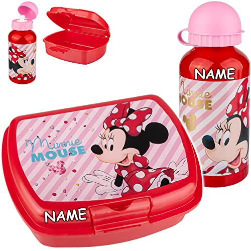 alles-meine.de GmbH Set: Trinkflasche + Lunchbox/Brotdose - - Minnie Mouse - inkl. Name - BPA frei - Brotbüchse Küche Essen - für Jungen Junge - 1 Fach Kinder Vesperdose - Brot.. von alles-meine.de GmbH