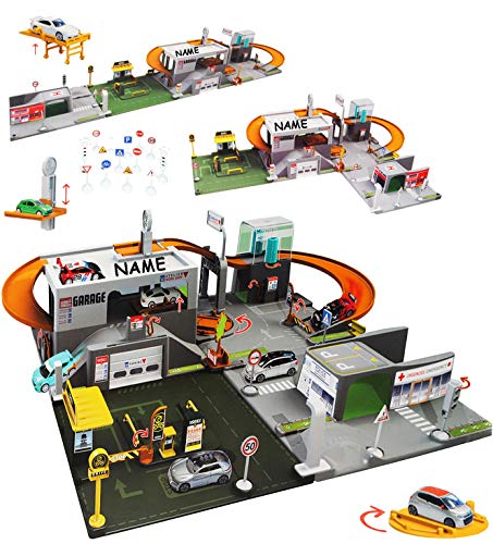 alles-meine.de GmbH Set: XL 3-D Spielmatte - Straße mit Parkhaus - incl. Name - UMBAUBAR - 4 Teile mit Brücke - 1/64 - Tunnel - Tankstelle - Feuerwehrstation - Krankenstation.. von alles-meine.de GmbH