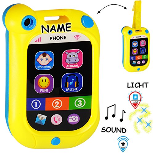 alles-meine.de GmbH Smartphone - Handy mit - 40 Sound´s & Musik & LED Licht - GELB/BLAU - inkl. Name - mit Halterung z.B. für Kinderwagen - elektrisches Kinderhandy - Telef.. von alles-meine.de GmbH