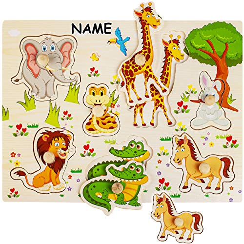 alles-meine.de GmbH Steckpuzzle mit Griff - Motivwahl - Tiere - Zootiere & Bauernhof - inkl. Name - aus Holz - 7 Teile - großes Holzpuzzle/Einlegepuzzle - Legespiel - Rahmenpuz.. von alles-meine.de GmbH