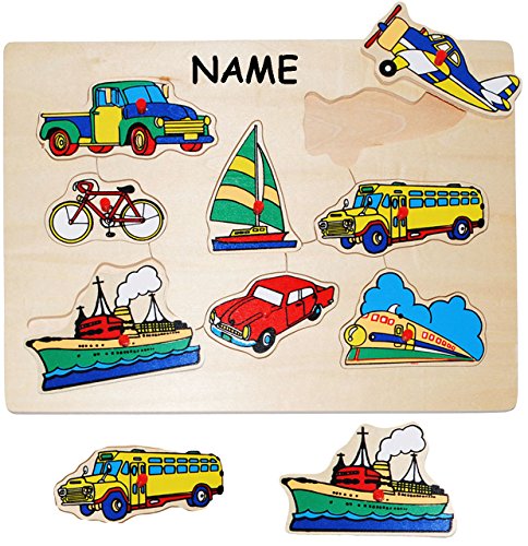 alles-meine.de GmbH Steckpuzzle mit Griffen - Fahrzeuge - Auto, Eisenbahn & Schiff - incl. Name - aus Holz - 8 Teile - großes Holzpuzzle/Einlegepuzzle - Griff Legespiel - R.. von alles-meine.de GmbH