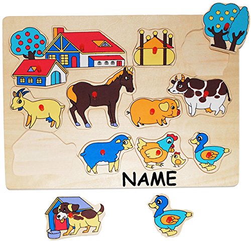 alles-meine.de GmbH Steckpuzzle mit Griffen - Tiere & Bauernhof - incl. Name - aus Holz - 12 Teile - großes Holzpuzzle/Einlegepuzzle - Griff Legespiel - Rahmenpuzzle/Kind.. von alles-meine.de GmbH