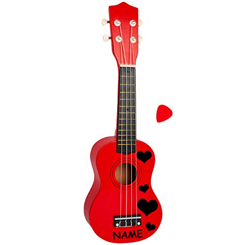 alles-meine.de GmbH Ukulele - aus Holz - Motiv & Farbwahl - rot & Schwarze Herzen - inkl. Name - 55 cm / 21 inch - Klassik - akustische - Kinder & Erwachsene - mit Plektrum - 4 S.. von alles-meine.de GmbH