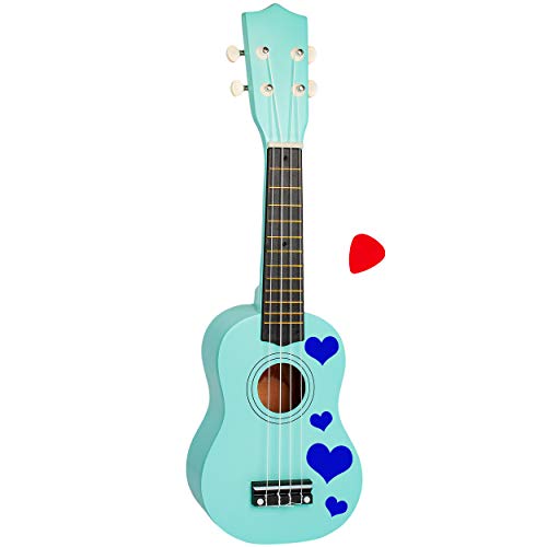 alles-meine.de GmbH Ukulele - aus Holz - Motiv & Farbwahl - türkis blau & Herzen blau - 55 cm / 21 inch - Klassik - akustische - Kinder & Erwachsene - mit Plektrum - 4 Saiten/S.. von alles-meine.de GmbH