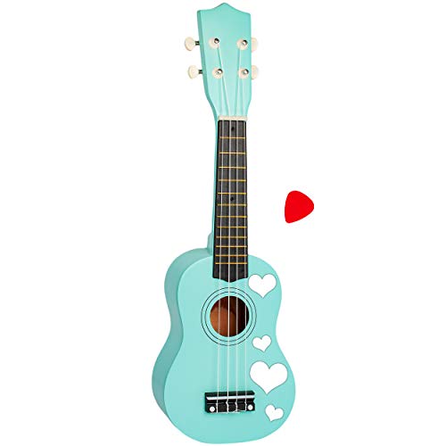 alles-meine.de GmbH Ukulele - aus Holz - Motiv & Farbwahl - türkis blau & Herzen weiß - 55 cm / 21 inch - Klassik - akustische - Kinder & Erwachsene - mit Plektrum - 4 Saiten/S.. von alles-meine.de GmbH