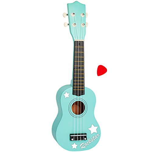 alles-meine.de GmbH Ukulele - aus Holz - Motiv & Farbwahl - türkis blau & Rockstar Sterne weiß - 55 cm / 21 inch - Klassik - akustische - Kinder & Erwachsene - mit Plektrum - 4 S.. von alles-meine.de GmbH