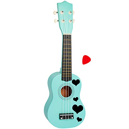 alles-meine.de GmbH Ukulele - aus Holz - Motiv & Farbwahl - türkis blau & Schwarze Herzen - 55 cm / 21 inch - Klassik - akustische - Kinder & Erwachsene - mit Plektrum - 4 Saiten.. von alles-meine.de GmbH