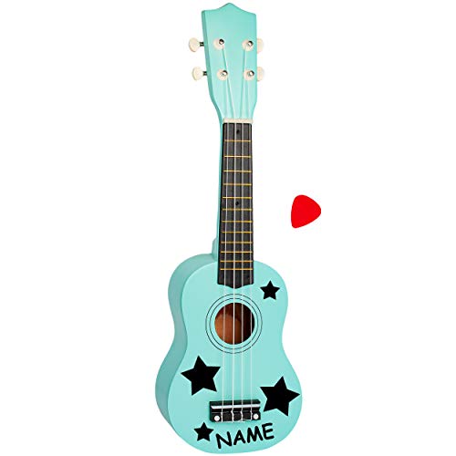 alles-meine.de GmbH Ukulele - aus Holz - Motiv & Farbwahl - türkis blau & Schwarze Sterne - inkl. Name - 55 cm / 21 inch - Klassik - akustische - Kinder & Erwachsene - mit Plektr.. von alles-meine.de GmbH