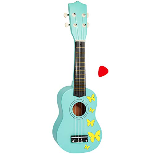 alles-meine.de GmbH Ukulele - aus Holz - Motiv & Farbwahl - türkis blau & gelbe Schmetterlinge - 55 cm / 21 inch - Klassik - akustische - Kinder & Erwachsene - mit Plektrum - 4 S.. von alles-meine.de GmbH