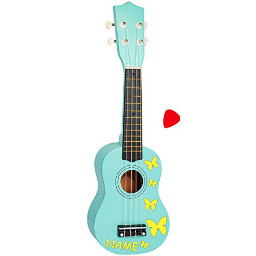 alles-meine.de GmbH Ukulele - aus Holz - Motiv & Farbwahl - türkis blau & gelbe Schmetterlinge - inkl. Name - 55 cm / 21 inch - Klassik - akustische - Kinder & Erwachsene - mit P.. von alles-meine.de GmbH