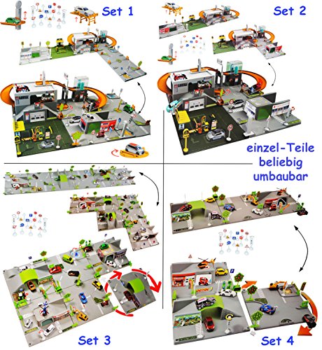 alles-meine.de GmbH XL 3-D Spielmatte - Straße mit Parkhaus - UMBAUBAR - 4 Teile mit Brücke - 1/64 - Feuerwehrstation - Tunnel - Tankstelle - Krankenstation - Waschanlage - A.. von alles-meine.de GmbH