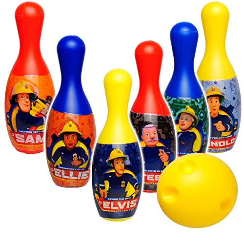 alles-meine.de GmbH XL - 7 TLG. Set - großes Kegelspiel/Bowlingspiel - Feuerwehrmann Sam - 19 cm - große Kegel - aus Kunststoff/Plastik - für Außen + Innen - Bunte Farben Keg.. von alles-meine.de GmbH