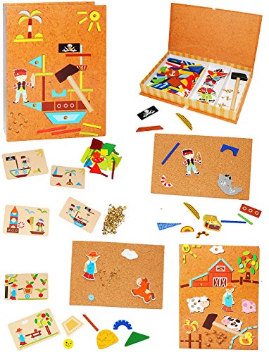 alles-meine.de GmbH XL - Hammerspiel - Bauernhof & Piraten - 339 Teile/für Kinder - Klopfspiel Nagelspiel - Nagel Hammer Holz bunt - Hämmerchen mit Korkplatte & Vorlagen - .. von alles-meine.de GmbH