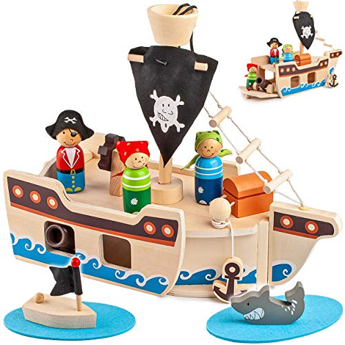 alles-meine.de GmbH XL Set - Spielwelt Piratenschiff - Holz - 32 cm - incl. 10 Spiel Figuren + Kanone - Pirat - Holzschiff mit Geheim Versteck & aufklappbare Ladeluke/Piraten.. von alles-meine.de GmbH