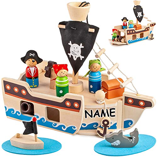 alles-meine.de GmbH XL Set - Spielwelt Piratenschiff - Holz - inkl. Name - 32 cm - incl. 10 Spiel Figuren + Kanone - Pirat - Holzschiff mit Geheim Versteck & aufklappbare Ladel.. von alles-meine.de GmbH