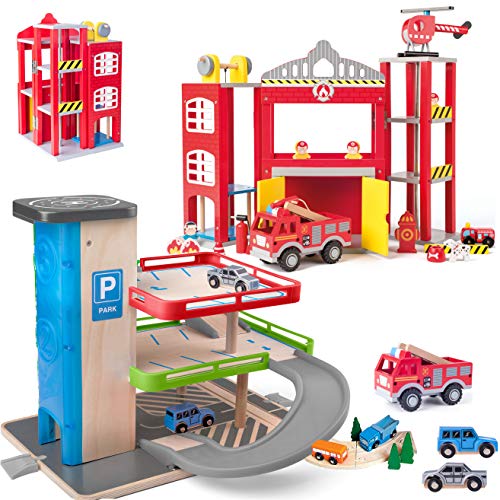 alles-meine.de GmbH XXL Set - Holz - Parkhaus/Garage + Feuerwehrstation - 3 Ebenen + Zubehör/Auto & Lift - passend mit Schienensystem & Eisenbahn - 60 cm - Feuerwehr Holzeis.. von alles-meine.de GmbH