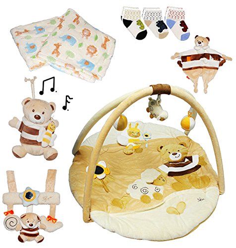 alles-meine.de GmbH XXL Set - zur Geburt - BRAUN/Creme - Erstausstattung Spielzeug - Krabbeldecke mit Spielbogen/Babyreck/Spieluhr/Mobile/Socken/Kuscheldecke - aus su.. von alles-meine.de GmbH